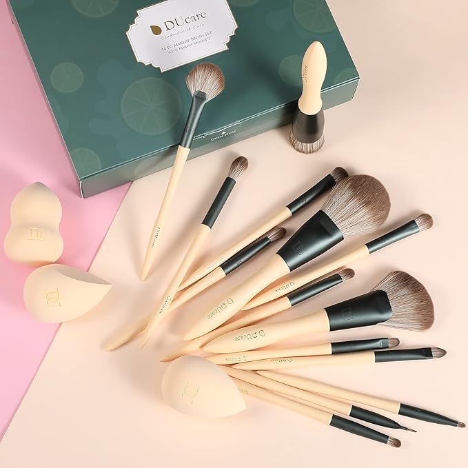 DUcare Makeup Brushes 14Pcs with 3Pcs Makeup Spong & Cosmetic Bag - Lime Mojito Series Makeup Brush Set for Foundation Blending Face Powder Blush Concealers Eye Shadows-Velvo Beauty