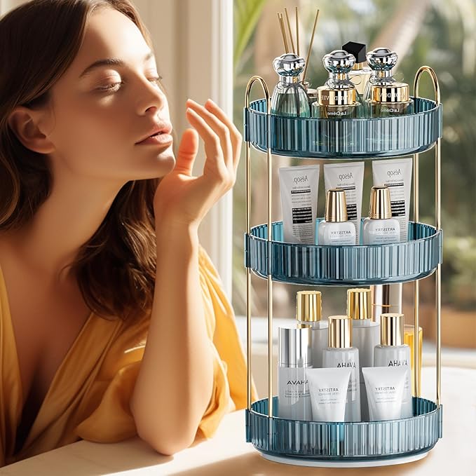 360° Rotating Makeup Organizer, Bathroom Organizers and Storage Holder Rack, Large Capacity Vanity Shelf Countertop, Fits Cosmetics, Perfume, Skin Care(Blue, 3 Tiers)-Velvo Beauty
