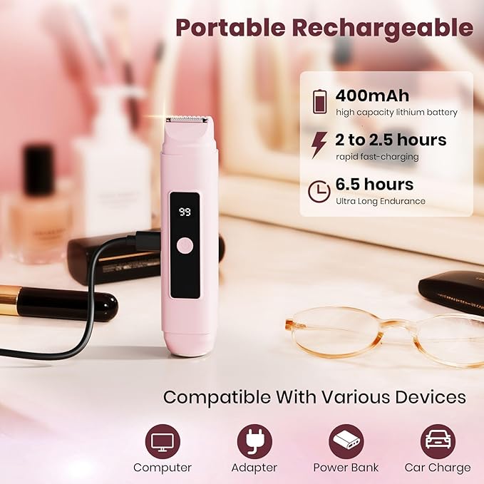 Bikini Trimmer for Women,IPX7 Waterproof Painless Electric Razors for Trip,Portable&Easy Cleaning Lady Underarm Pubic Leg Arm Body Face,Electric Shaver for Travel&Shower Use,Gifts for Women,Pink-Velvo Beauty