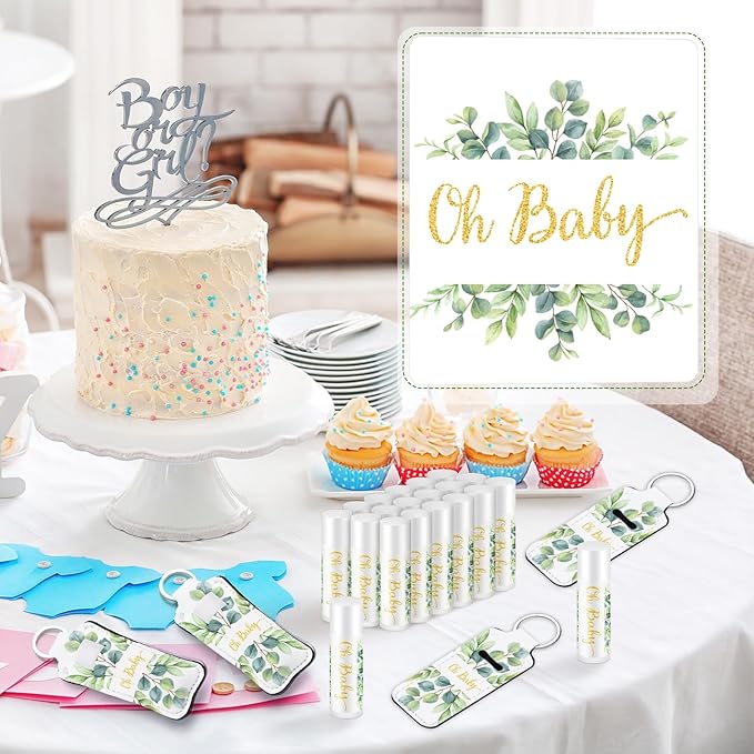18 Sets Baby Shower Bridal Shower Favors for Guests Bulk Lip Balm and Lipstick Holder Keychains Set Baby Shower Bridal Shower Goodies Bags Thank You Gifts for Guests(Eucalyptus Baby)-Velvo Beauty