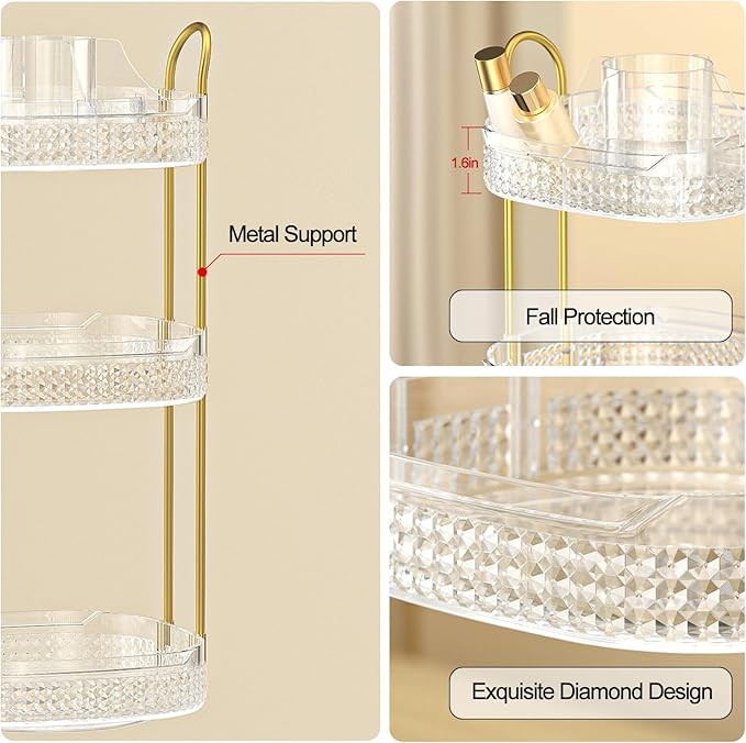 Rotating Makeup Organizer for Vanity 3 Tier, Perfume Organizer with Makeup Brush Holder, Large Capacity Cosmetics Clear Skincare Organizer for Countertop (Transparent)-Velvo Beauty