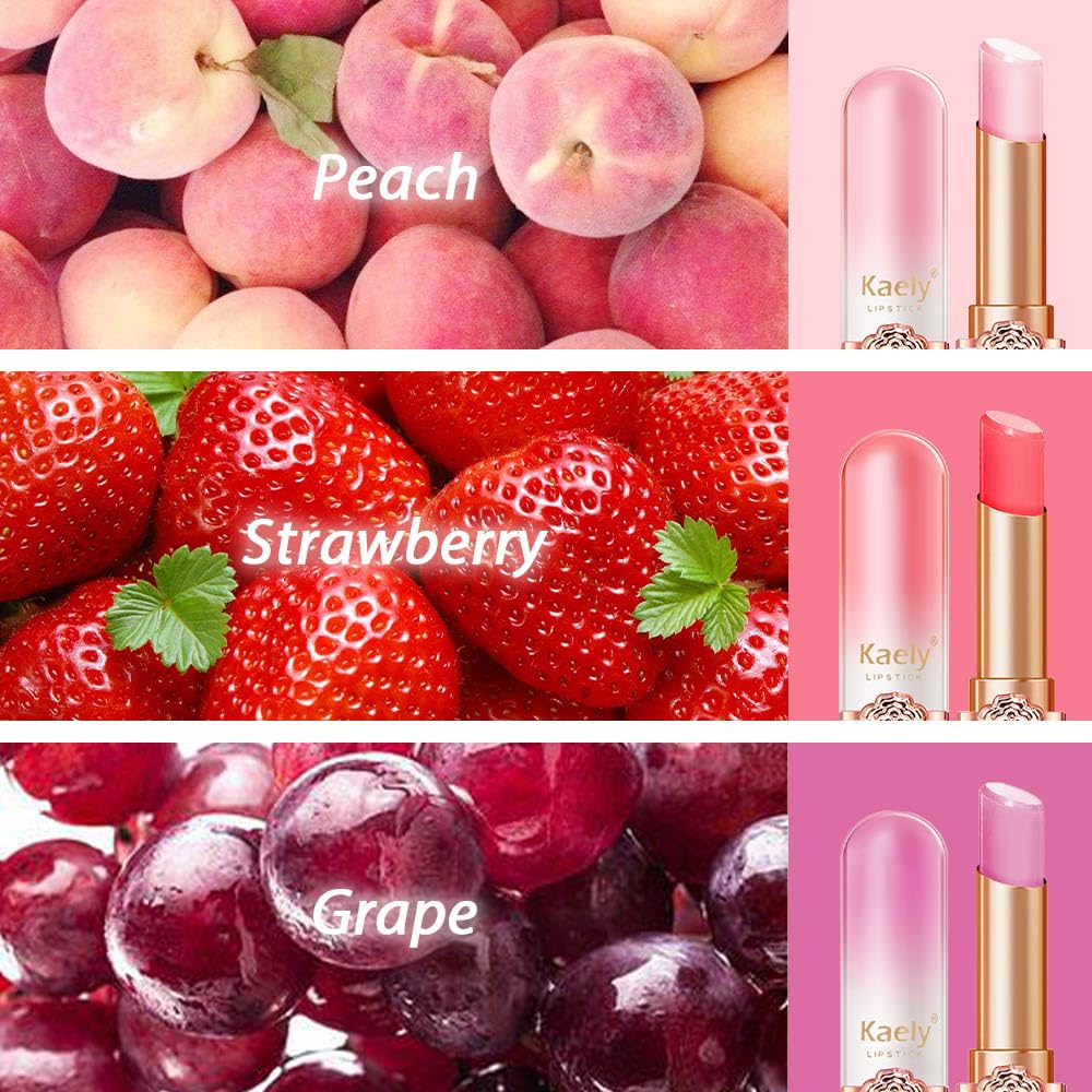 Kaely 3Pcs Peach Strawberry Grape Hydrating Lipstick Tinted Lip Balm, Color Changing PH Lipstick Makeup, Korean Magic Lip Stain Long Lasting Waterproof, labiales magicos 24 horas originales-Velvo Beauty