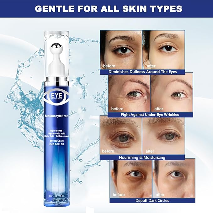 Caffeine Eye Serum,Under Eye Roller Serum with 360° Massage Ball,Eye Contour Cream for Dark Circles and Puffiness Wrinkles Fine Lines-Velvo Beauty