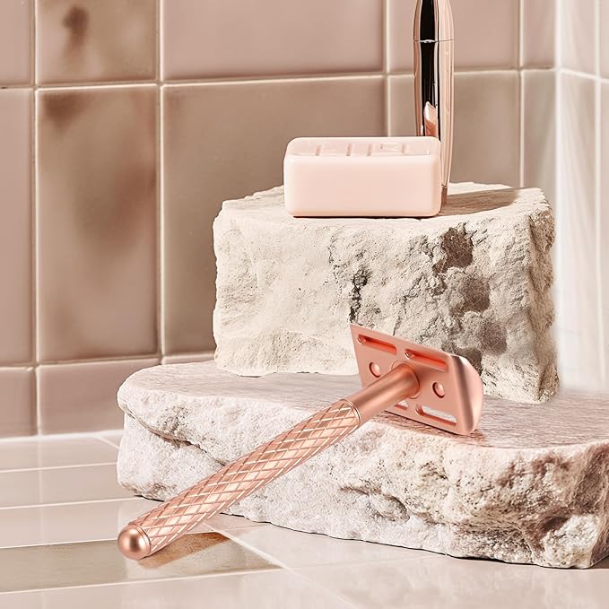 Double Edge Safety Razor for Women with Silicone Cover & 10 Blades for Travel Metal Eco-Friendly Reusable Single Blade Razor for Shaving (Rose Gold)-Velvo Beauty