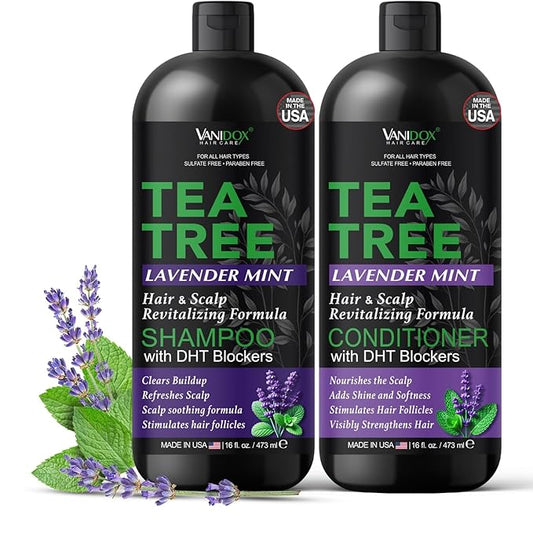 Tea Tree Shampoo and Conditioner Set with Lavender and Mint | DHT Blockers | With 100% Pure Tea Tree Oil for Itchy, Dry Scalp | Sulfate & Paraben Free | For Men & Women | 16 fl oz Each-Velvo Beauty