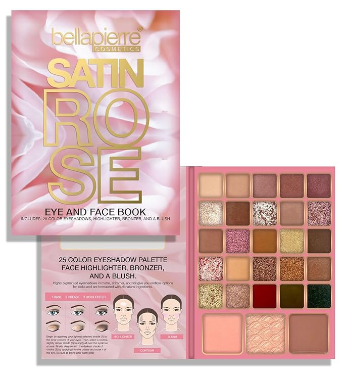 Bellapierre Satin Rose Face & Eye Book Palette | 25 Eyeshadow Shades with Blush, Bronzer, & Highlighter | Non-Toxic & Paraben Free | Vegan & Cruelty-Free-Velvo Beauty