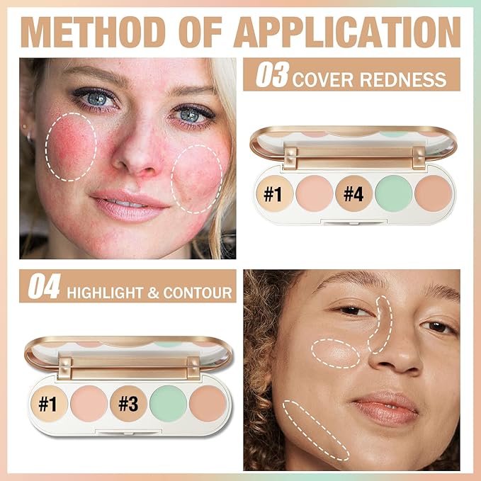 FOCALLURE #GoldenAge 5 in 1 Multi Uses Concealer Palette, 5 Colors Correcting Conceal Palette, Camouflage Contour Palettes for Dark Circles, Face Contouring Highlighter Pallet, CC01 LIGHT-CORRECTING-Velvo Beauty