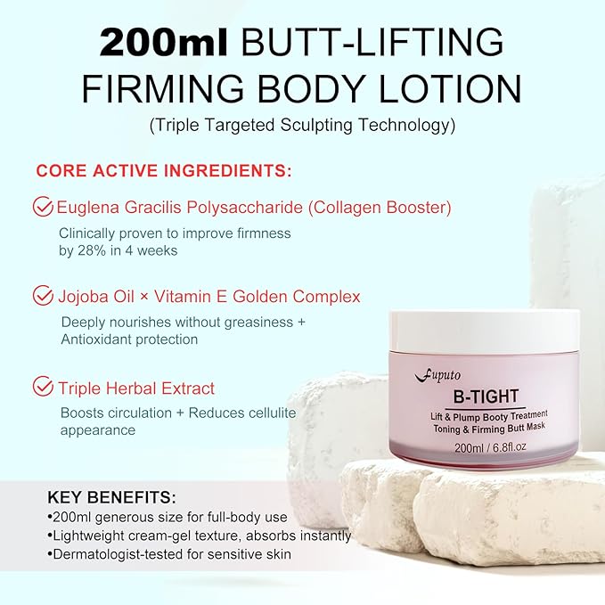 B-TIGHT Body Cream, 200ml Leave-On Booty Enhancing Mask, Firming & Moisturizing Cream, Leave-On Cellulite Mask - Improves Skin Tightness in Buttock Area, Lift sagging skin - 6.76 oz-Velvo Beauty