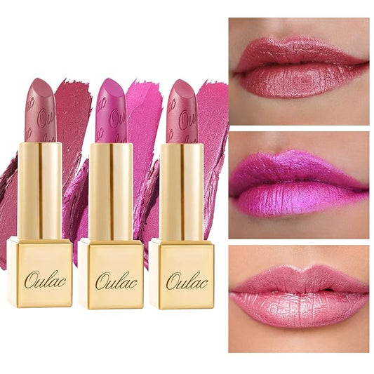 Oulac Metallic Pink Lipstick Set 3PCS High Impact Lipcolor with Moisturizing Formula, Vegan Beauty, Full-Coverage Lip Color, Christmas Gifts for Women, 4.3g X 3PCS-Velvo Beauty