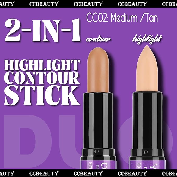CCbeauty 2pcs 2-IN-1 Matte Contour Highlighter Stick with Blush,Cream Dual-End Highlight Bronzer Concealer & Blusher for Cheeks & Lip, Long Lasting Contouring for Face Shaping Makeup, Medium-Tan-Velvo Beauty