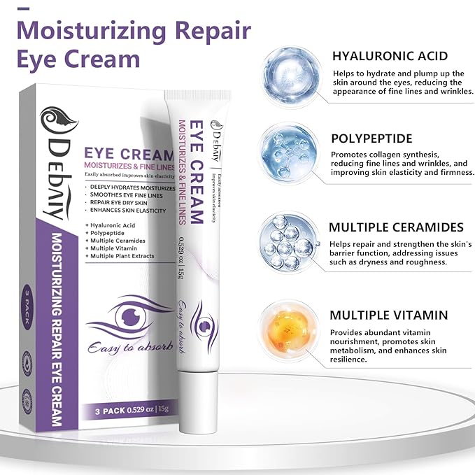 3 Pack Eye Cream Hydrating & Repairing with Hyaluronic Acid & Peptides - Moisturizes, Smooths Fine Lines, Enhances Elasticity (Each 0.529oz | 15g)-Velvo Beauty