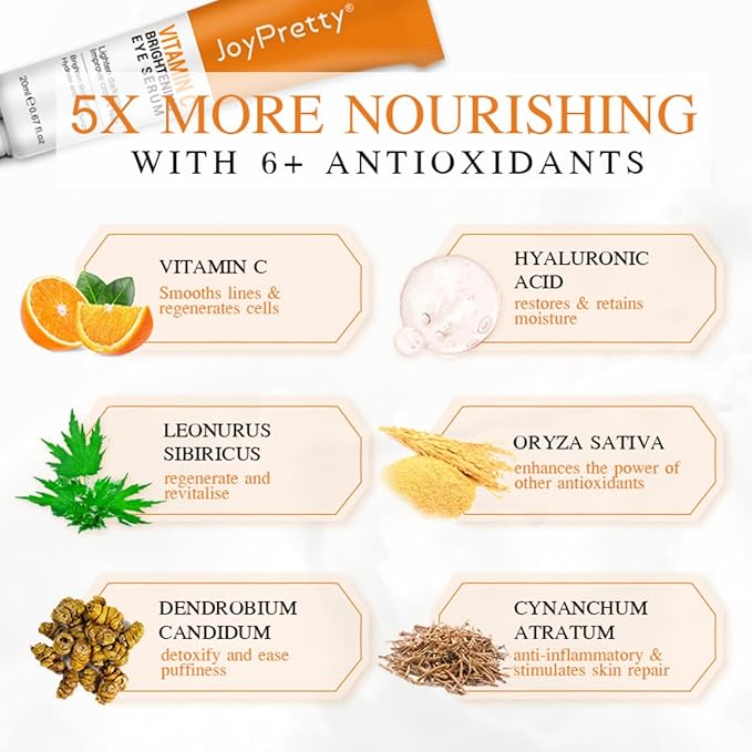 New JoyPretty Vitamin C Brightening Eye Serum,Eye cream,Anti Aging Serum with Vitamin C, Niacinamide and Hyaluronic Acid,Remove for Dark Circles Puffiness Under Eye Bags Fine Line Crow's Feet (3)-Velvo Beauty