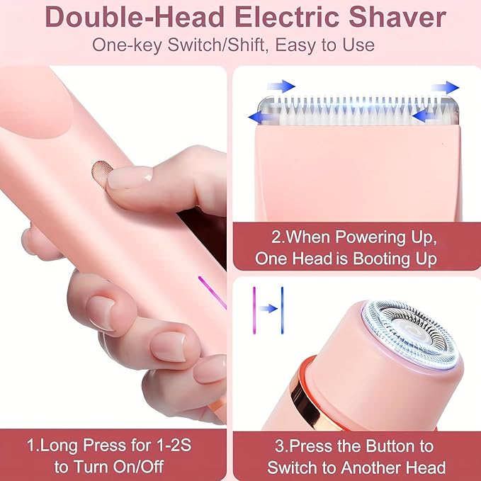 2025 Womens Shaver Dual-Head Bikini Trimmer for Women 2-in-1 Women's Body Shaver USB Charge Waterproof Painless Electric Razors for Silk Skin (Pink)-Velvo Beauty