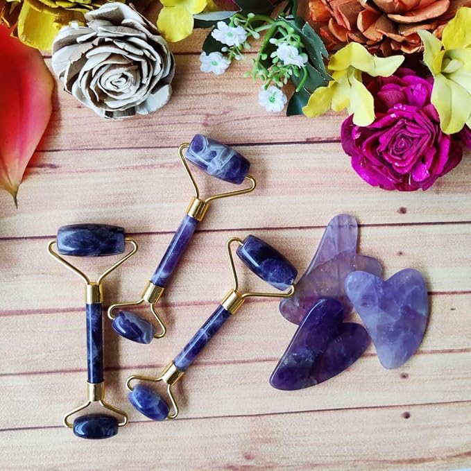 Amethyst Massage Roller and Gua sha Set | Reduces Wrinkles, Fine lines and Dark Circles | Pink Jade Roller | Anti-aging Massager for Skin Toning and Tightening for Face, Eyes, Neck-Velvo Beauty