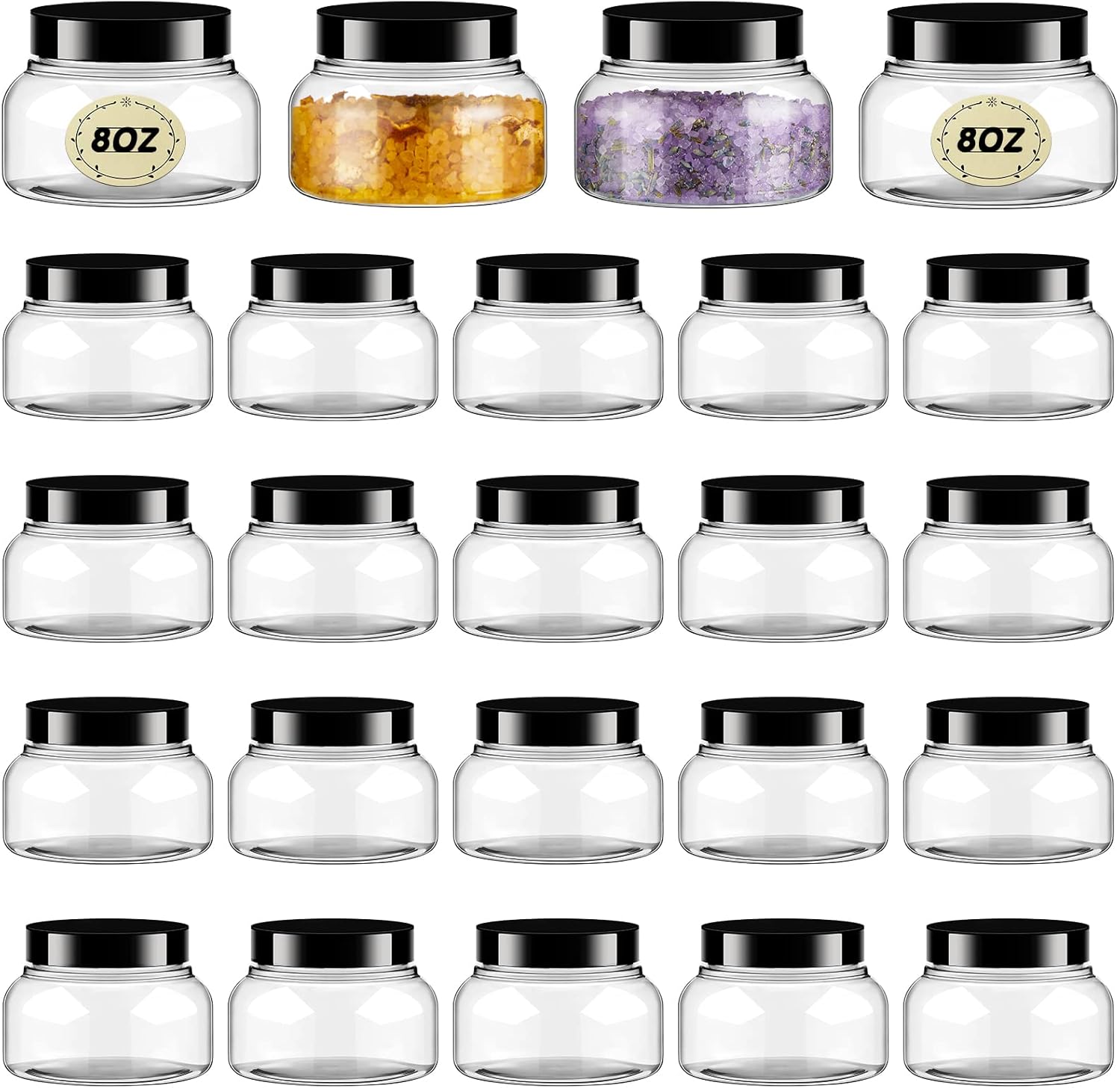 Tessco 24 Pack Plastic Jars with Lids Labels Empty Clear Plastic Jars Round Refillable Cosmetic Containers Body Butter Containers Bulk Sugar Scrub Bottle for Make Up (8 oz,Clear, Black)-Velvo Beauty