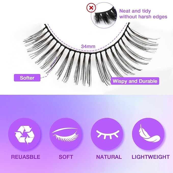 Wispy False Eyelashes Kit With Bond, Seal and Tweezer, 7 Pairs Natural Look Fake Cat Eye Lashes Strips Thin Band Extensions Waterproof Easy Eyelashes for Beginners DF1-Velvo Beauty