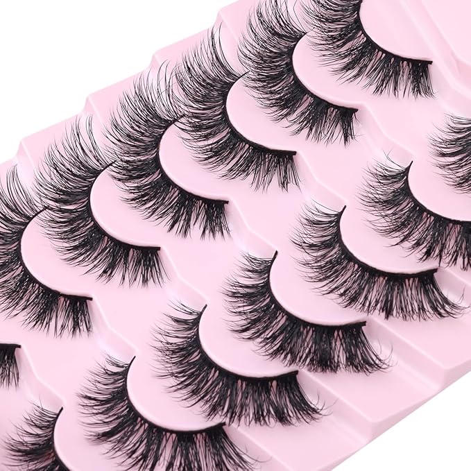 Mink Lashes False Eyelashes Natural Look Wispy Cat Eye Flat Lashes 3D Mink Lashes Natural Fake Lashes 18mm Strip Lashes Pack 7 Pairs-Velvo Beauty