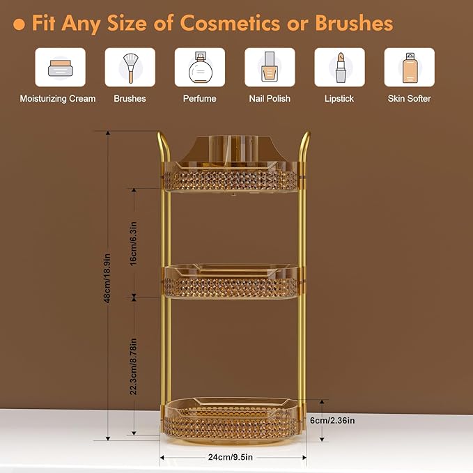 Awenia Rotating Makeup Organizer 360, Stackable Adjustable Large Capacity Cosmetic Storage Unit,Dresser Bathroom Kitchen Countertop Organizer with Metal Handle, Plus Size (Honorable Gold, 3 Tier)-Velvo Beauty