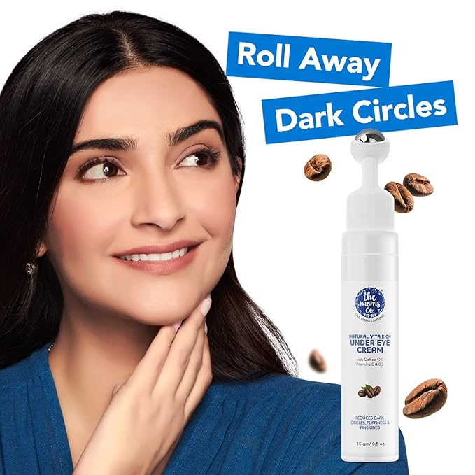 The Moms Co. Natural Vita Rich Under Eye Cream for Dark Circles and Puffiness for Women, Suitable for Delicate Skin Under Eye Area, Soothing Massage Roller with Coffee Oil, Vitamins E & B3, 15 gm-Velvo Beauty