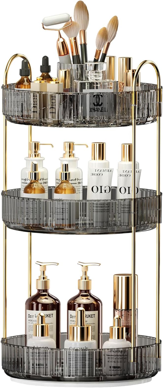 360° Rotating Makeup Organizer, Large-Capacity Skincare Make Up Storage 3 Tier Perfume Organizers Cosmetic Dresser Organizer with Makeup Brush Holder, Fits Bedroom, Bathroom, Vanity Shelf Countertop-Velvo Beauty