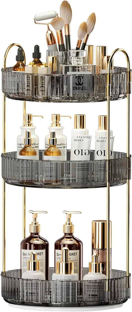 360° Rotating Makeup Organizer, Large-Capacity Skincare Make Up Storage 3 Tier Perfume Organizers Cosmetic Dresser Organizer with Makeup Brush Holder, Fits Bedroom, Bathroom, Vanity Shelf Countertop-Velvo Beauty