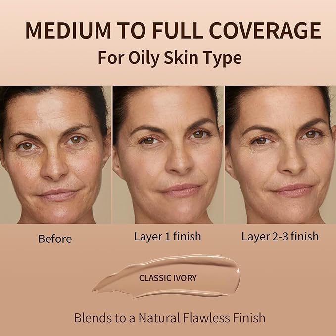 FV Full Coverage Liquid Foundation Makeup, Long Lasting Matte Foundation with Flawless Finish, Concealing & Minimizing Pores, Oil Control Waterproof for Oily Combination Skin, 1 Fl. Oz(Classic Ivory)-Velvo Beauty