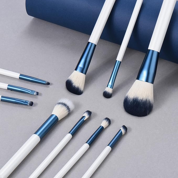 Makeup Brushes Set With Case 10Pcs White Makeup Brush Kit Foundation Eyeshadow Powder Blending Kabuki Eyebrow Eyelash Brushes Cosmetic Brush Travel Kit Gift (White+Blue)-Velvo Beauty