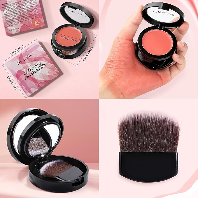 DE'LANCI Blush Single for Cheeks+Lip, Buildable Color Silky Smooth Peach Blush, Best Peachy Half Matte Blusher for Fair Medium Skin, Easy to Use Travel Size, Breathable Blendable Cream Blush (SHY 05#)-Velvo Beauty