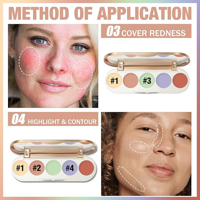 FOCALLURE #GoldenAge 5 in 1 Multi Uses Concealer Palette, 5 Colors Correcting Conceal Palette, Camouflage Contour Palettes for Dark Circles, Face Contouring Highlighter Pallet, CC02 COLOUR CORRECTING-Velvo Beauty