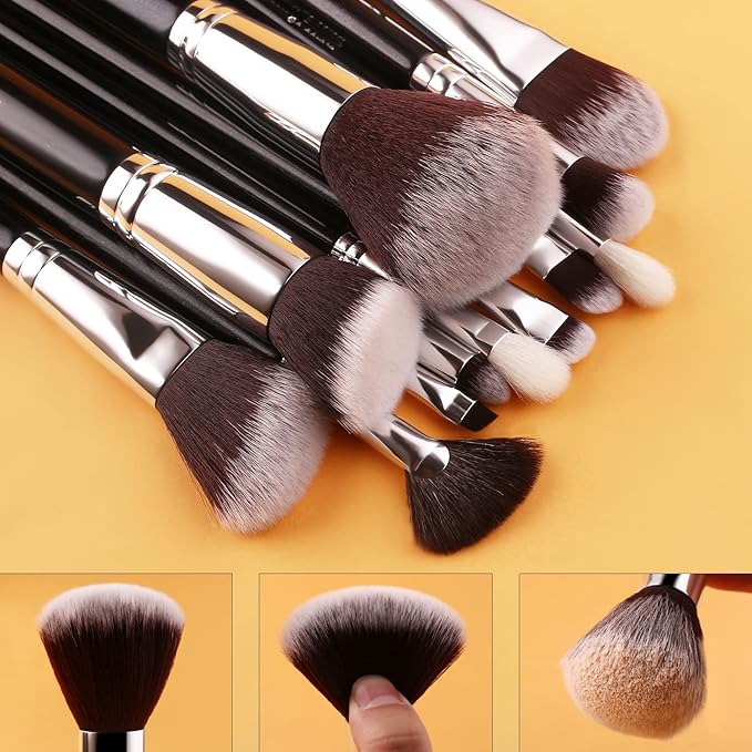 BEILI Makeup Brushes 12pcs Makeup Brushes Set with Holder Premium Synthetic Kabuki Foundation Brush Blending Blush Concealer Full Face Makeup Brushes Kit With Gift Box(Black)-Velvo Beauty