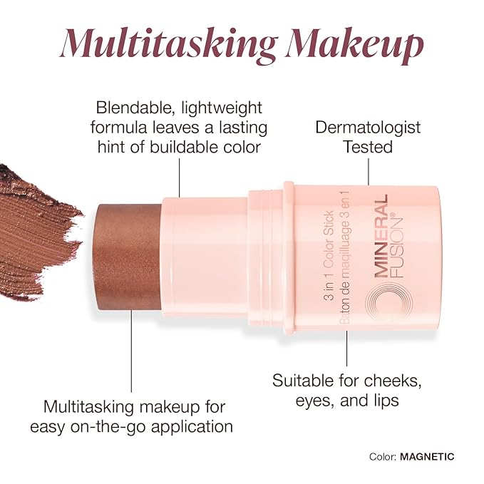 Mineral Fusion 3-in-1 Color Stick, Instant Color Pop and Blush for Cheeks, Creamy Lightweight Formula, Multi-Use Eye, Face, and Lip Makeup, Magnetic-Velvo Beauty