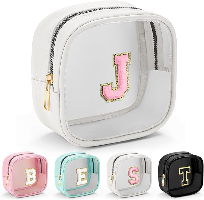 YOOLIFE Initial Make Up Bag Travel Toiletry Bag, Clear Makeup Bag Preppy Cosmetic Bags Organizer Travel Essentials Gifts for Women Teen Girlfriend Teacher Mom Birthday Mothers Day Gifts White J-Velvo Beauty