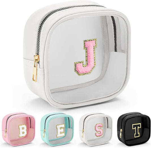 YOOLIFE Initial Make Up Bag Travel Toiletry Bag, Clear Makeup Bag Preppy Cosmetic Bags Organizer Travel Essentials Gifts for Women Teen Girlfriend Teacher Mom Birthday Mothers Day Gifts White J-Velvo Beauty