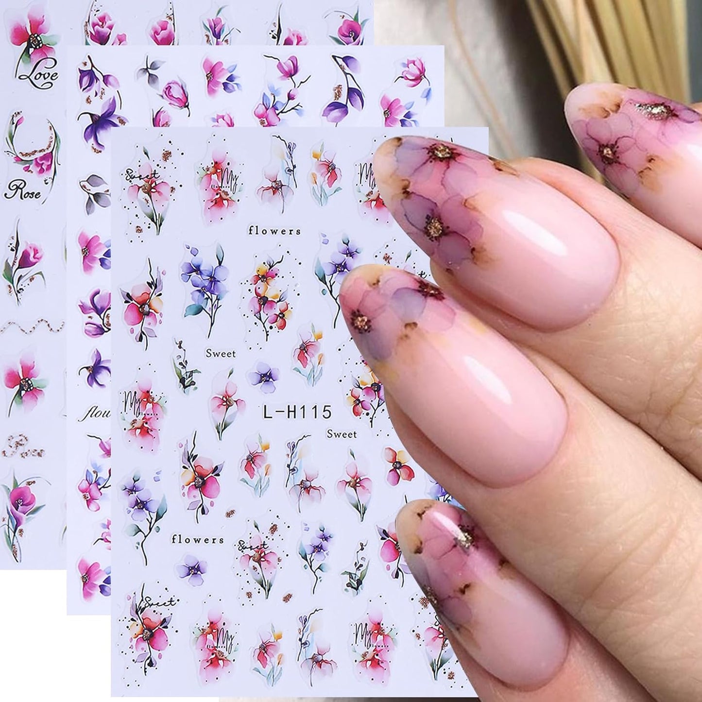 Ink Flower Nail Art Stickers 12 Sheets 3D Self-Adhesive Nail Decals with Tweezers Watercolor Floral Leaves Stickers Charming Blossom Flowers Designs Nail Art Supplies Manicure Accessories for Women-Velvo Beauty
