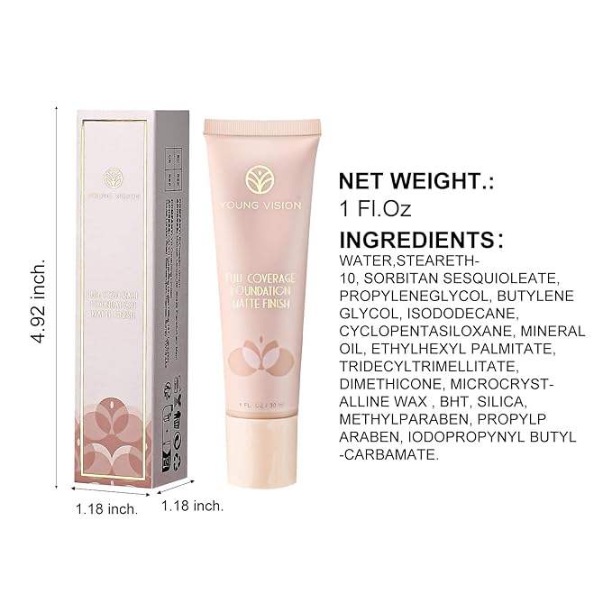 YOUNG VISION Full Coverage Longwear Foundation, Matte Finish, Waterproof, Poreless Liquid Foundation Makeup, Base de Maquillaje Alta Cobertura, 1 fl.oz-Velvo Beauty