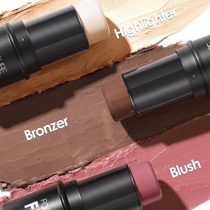 FOCALLURE 3 Pcs Cream Contour Sticks,Shades with Highlighter & Bronzer & Blush,Non-greasy Long-wear Face Contouring Pen,Easy to Sculpt the Face and Create a Lightweight Finishing Makeup,TAN-Velvo Beauty