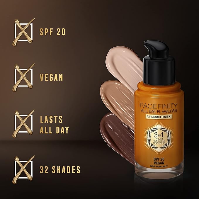 Max Factor Facefinity 3-in-1 All Day Flawless Foundation SPF 20, 95 Hazelnut, 30 ml-Velvo Beauty