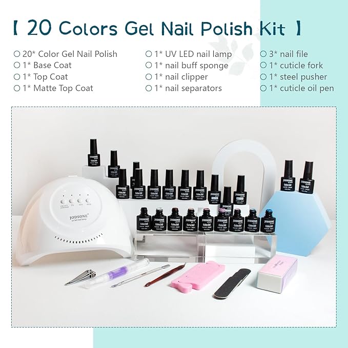 JODSONE 23 PCS Gel Nail Polish Kit with U V Light Popular Color with Durable Base Coat Matte Glossy Top Coat-Velvo Beauty