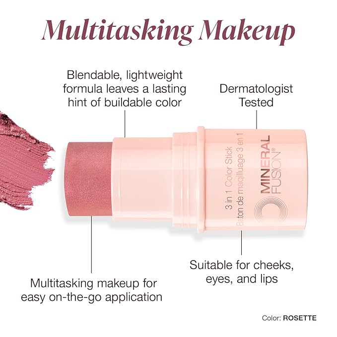 Mineral Fusion 3-in-1 Color Stick, Instant Color Pop, Creamy Multi-Use Blush Stick for Cheek, Lip & Eye, Hydrating, Organic Natural Makeup, Rosette-Velvo Beauty