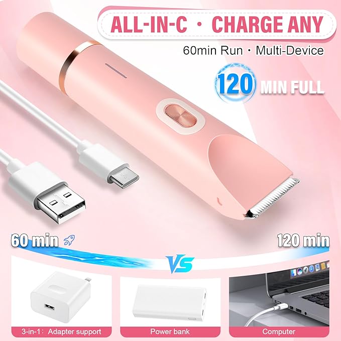 Women's Bikini Trimmer, 2-in-1 Electric Shaver for Bikini Line, Legs, Underarms, Face - Waterproof Women's Electric Shaver for Sensitive Skin, USB Rechargeable (Purple) (Pink)-Velvo Beauty