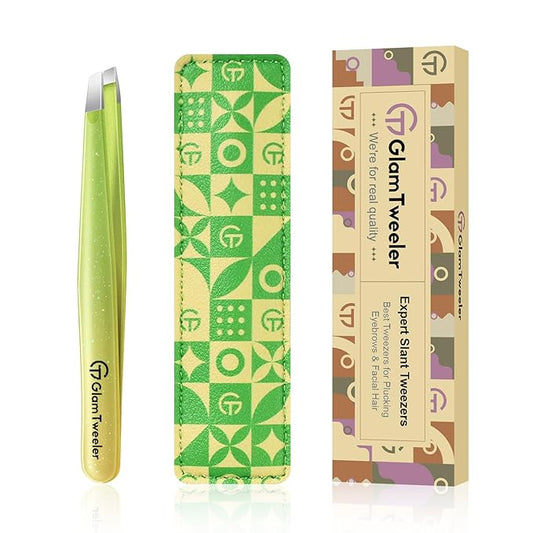 Expert Eyebrow Hair Removal Tweezer with Leather Case, GlamTweeler High Precision Slant Tip Stainless Steel Tweezers for Men and Women (Sparkle Apple Green & Yellow)-Velvo Beauty