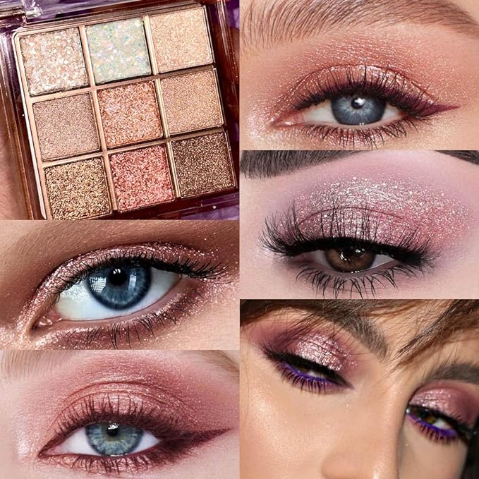 9 Colors Glitter Eyeshadow Palette Naturing-Looking Women Girls Eye Shadow,Pink White Gold Glitter Shimmer Sparkly Eye Shadow Palette Makeup,Warm Pastel Eyeshadows Palette Long Lasting Waterproof-Velvo Beauty