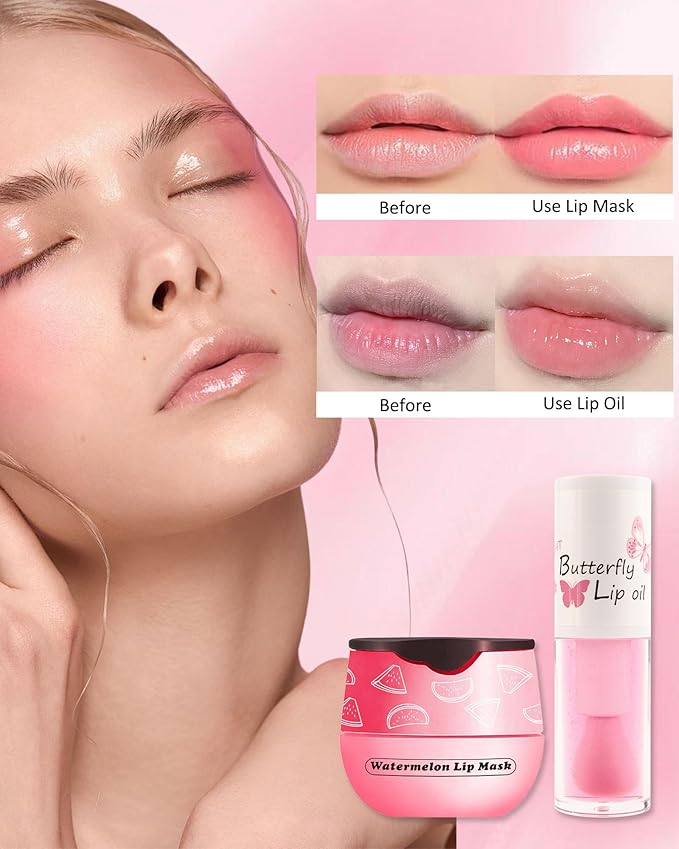 2Pcs Watermelon Lip Balm Honey Pot Lip Mask & Lip Glowy Oil Lip Care Set, Propolis Moisturizing & Nourish Hydrating Lip Gloss Repair, Reduce Lip Line & Plump Dry Cracked Lip Scrub Exfoliator -Set C-Velvo Beauty