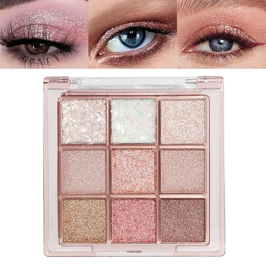 9 Colors Glitter Eyeshadow Palette Naturing-Looking Women Girls Eye Shadow,Pink White Gold Glitter Shimmer Sparkly Eye Shadow Palette Makeup,Warm Pastel Eyeshadows Palette Long Lasting Waterproof-Velvo Beauty