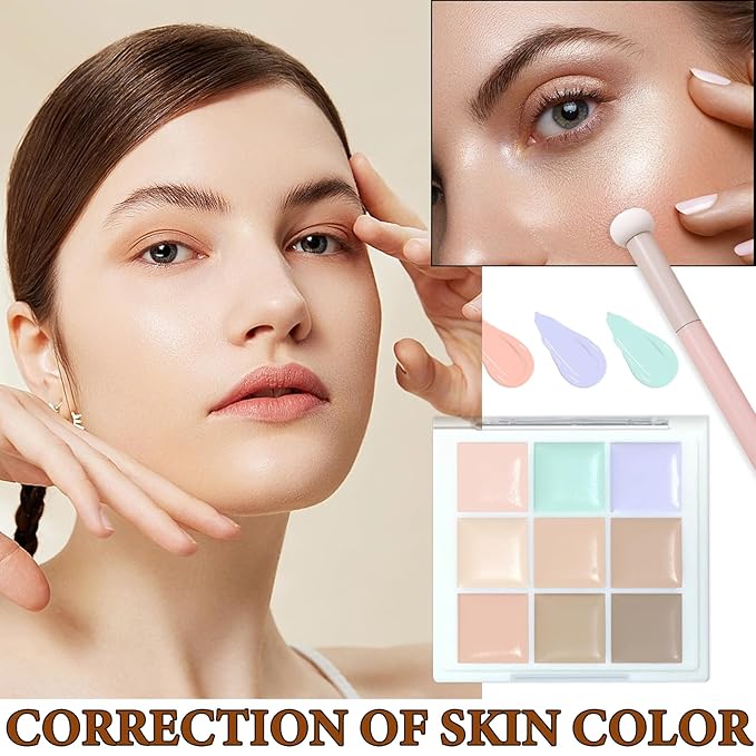9 Colors Correcting Concealer Contour Palette,Concealer Cream Contour Makeup Palette,Contouring Foundation Highlighting Makeup Kit with Brush-Velvo Beauty