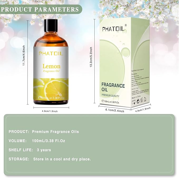 PHATOIL 100ML Lemon Fragrance Oils for Aromatherapy, Diffuser Oils for Home, Perfect for Humidifier, Yoga, DIY Candle and Soap Making - 3.38FL.OZ