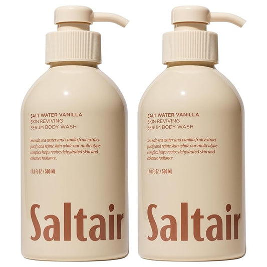 Saltair Body Wash, Salt Water Vanilla 2-Pack. Moisturizing Body Cleanser with Monoi Oil and Cupuacu Butter. Luxury Shower Gel for Women and Men. Vegan, Cruelty-Free, Paraben-Free. 2x 17oz Pump Bottles-Velvo Beauty