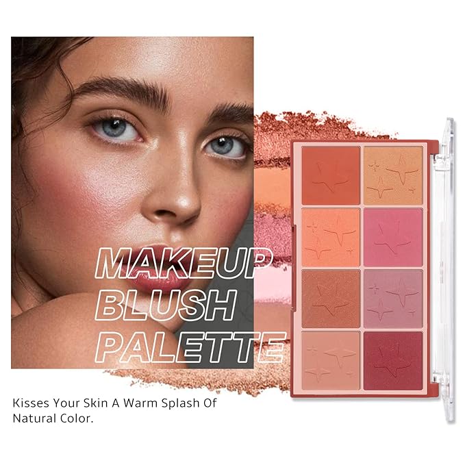 8 Colors Face Matte Blush Palette Shading Blusher with Brush - Buildable Facial Cheek Blusher Contour Bronzing Pressed Powder Makeup Pallet Women Gift Set (02 Shimmer Matte)-Velvo Beauty