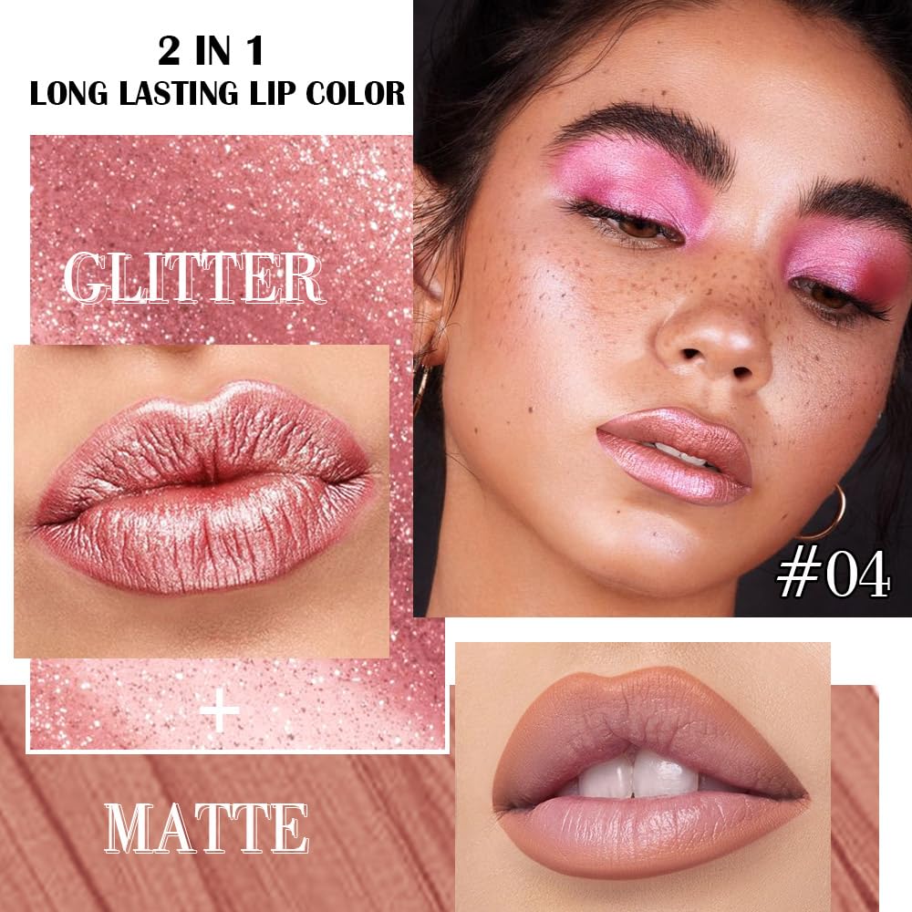 Kaely 2-in-1 Rose Gold Metallic Lipstick and Lip Liner, Shimmer Liquid Metallic Lipsticks for Women, Glitter Lip Gloss Stain Long Lasting Waterproof Smudge Proof 24 Hour, Vegan Makeup, 04-Velvo Beauty