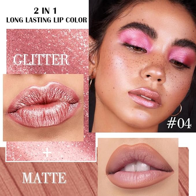 Rose Gold Metallic Lip Liner and Lipstick Combo Lip Gloss Tints Stain Set Makeup for Women Long Lasting Waterproof 24, Light Pink Metallic Glitter Shimmer Iridescent Liquid Lipstick lippies Lip Gloss-Velvo Beauty